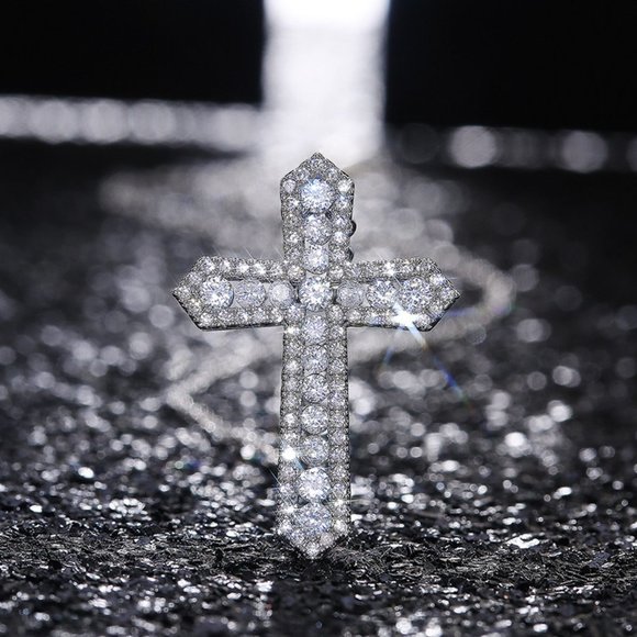 NEW Silver Round Diamond Holy Cross Necklace - Picture 6 of 8